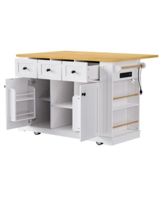53" Drop Leaf, Barn Doors, Power Outlets, Side Racks, Hidden Wheels Kitchen Island Cart
