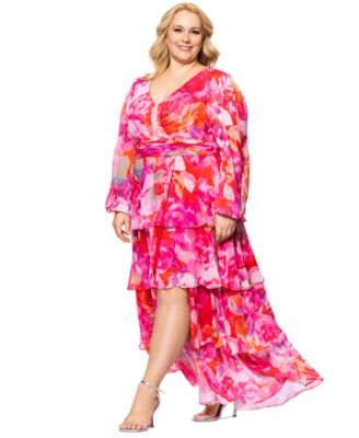 Plus Size Printed V-Neck Tiered-Ruffle Chiffon Dress