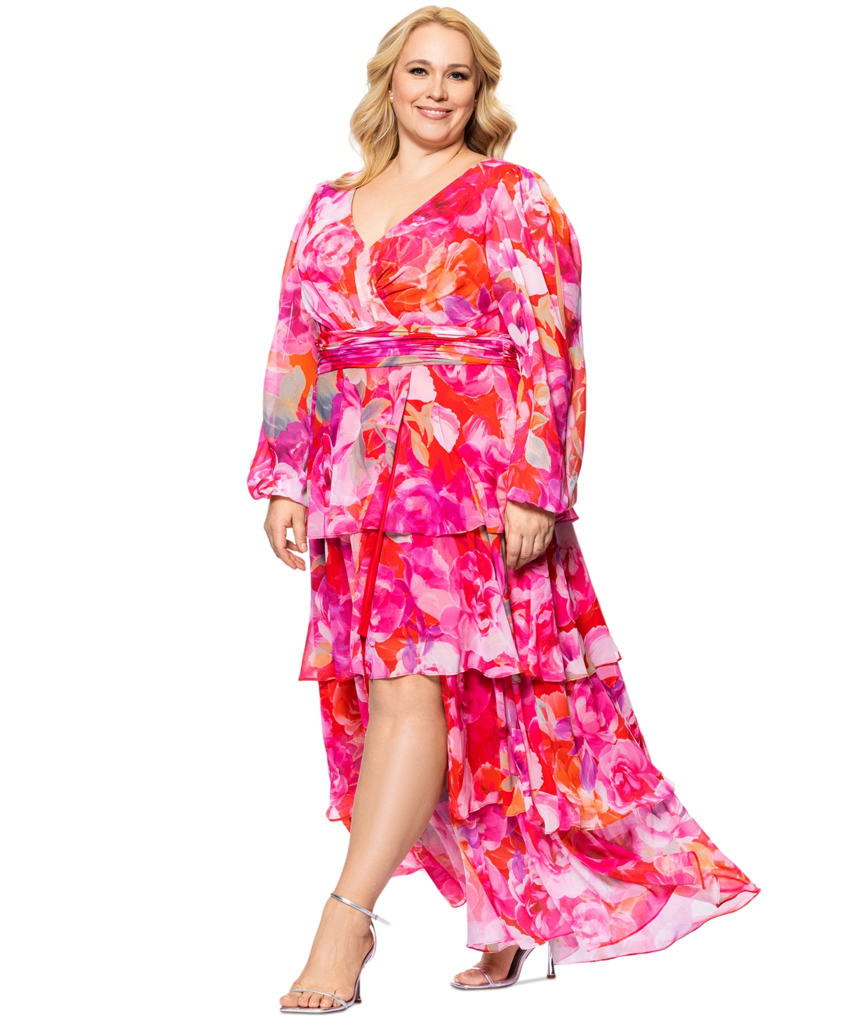 Xscape Plus Size Printed V-neck Tiered-ruffle Chiffon Dress In Red,fuchsia