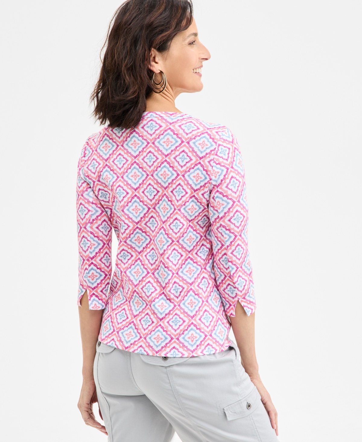 Shop Style & Co Women's Printed Cotton 3/4-sleeve Top, Exclusively At Macy's In Simple Rose