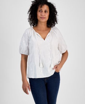 Style & Co - Women's Floral-Appliqu&eacute; Cotton Peasant Top, Exclusively at Macy's