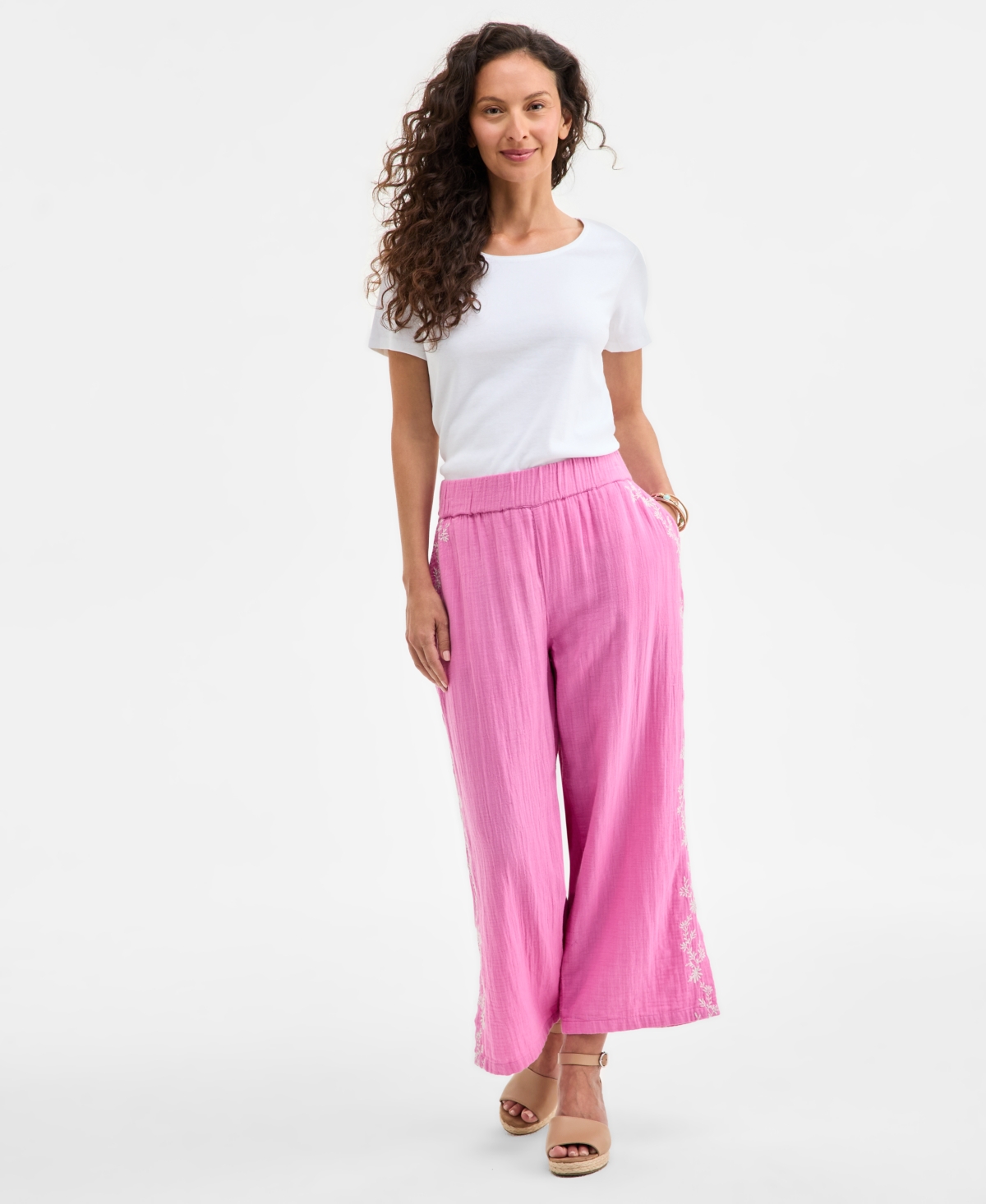 Women's Cotton Gauze Embroidered Pull-On Pant, Exclusively at Macy's - Sugar Plum