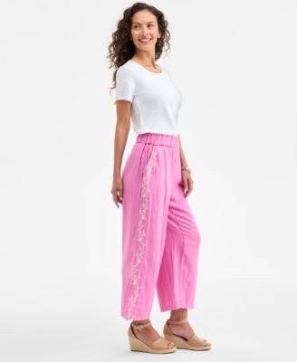 Women's Cotton Gauze Embroidered Pull-On Pant, Exclusively at Macy's
