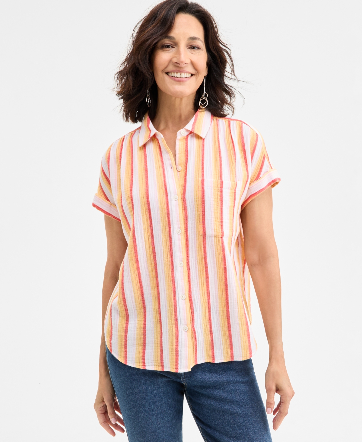 STYLE & CO PETITE PRINTED BUTTON-FRONT COTTON CAMP SHIRT, EXCLUSIVELY AT MACY'S 