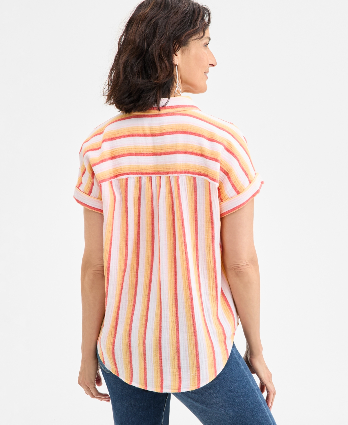 STYLE & CO PETITE PRINTED BUTTON-FRONT COTTON CAMP SHIRT, EXCLUSIVELY AT MACY'S 
