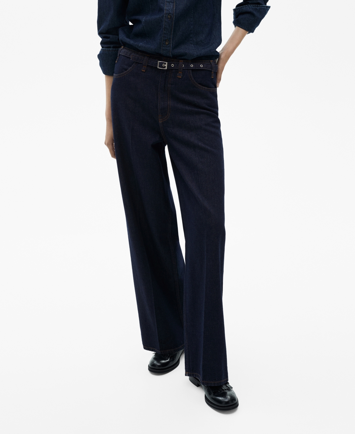Shop Mango Women's Belted Rinse-wash Wide Leg Jeans In Open Blue