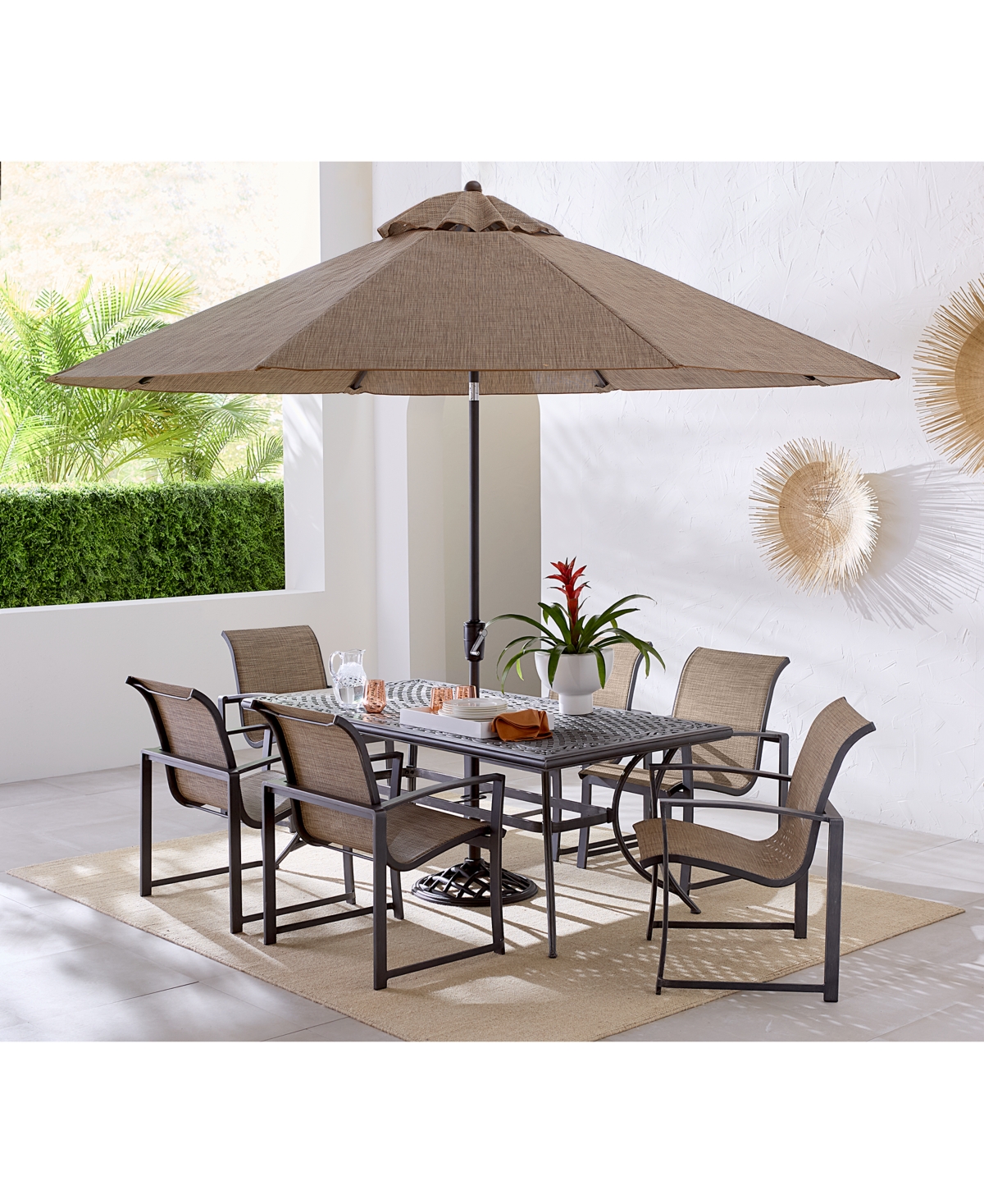 Agio Wythburn Outdoor Dining 7pc Set (72"x38" Table & 6 Sleek Sling Dining Chairs)
