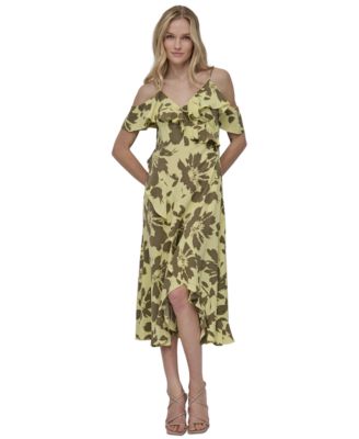 Women's Printed Cold-Shoulder Ruffle-Trim Dress