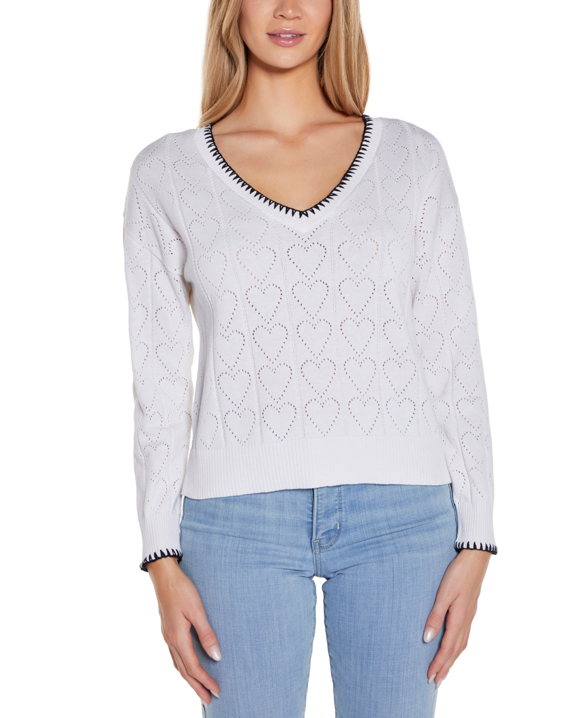 Shop Belldini Women's Heart Pointelle V-neck Sweater In White,black