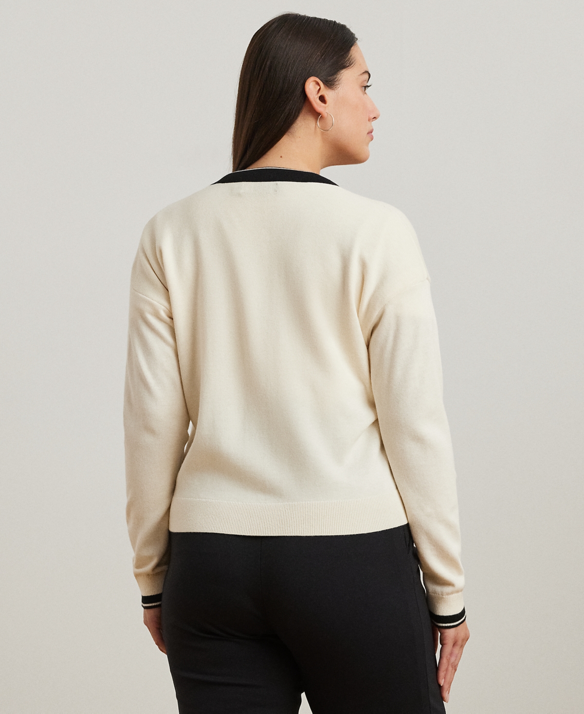 Shop Ralph Lauren Plus Size Two-tone Cotton-blend Cardigan In Mascarpone Cream Black
