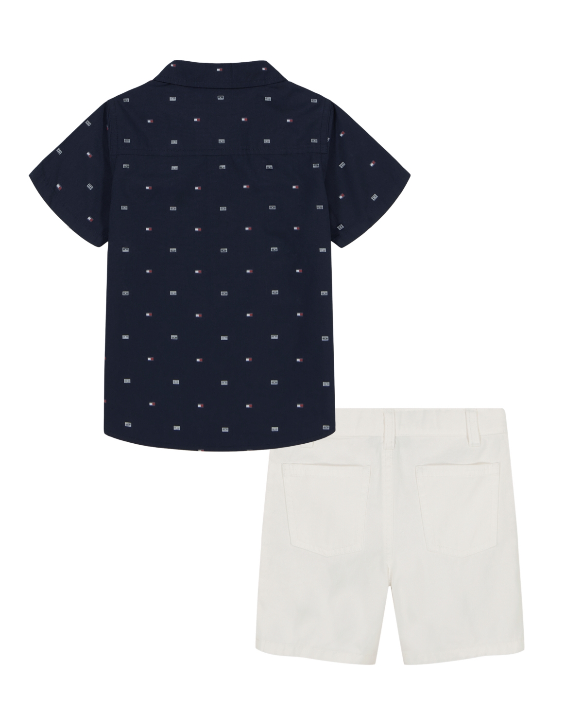 Tommy Hilfiger Toddler Boys 2-piece Short Sleeve Logo Print Poplin Shirt And Twill Shorts Sets In Navy Blazer,bright White