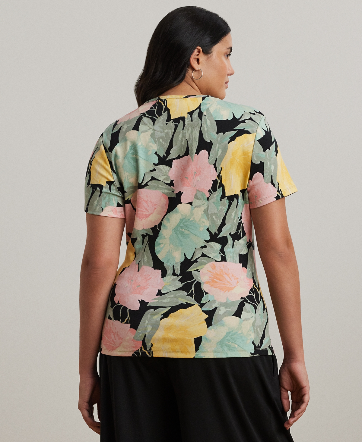 Shop Ralph Lauren Plus Size Floral Stretch Cotton Crewneck Tee In Black,pink,green