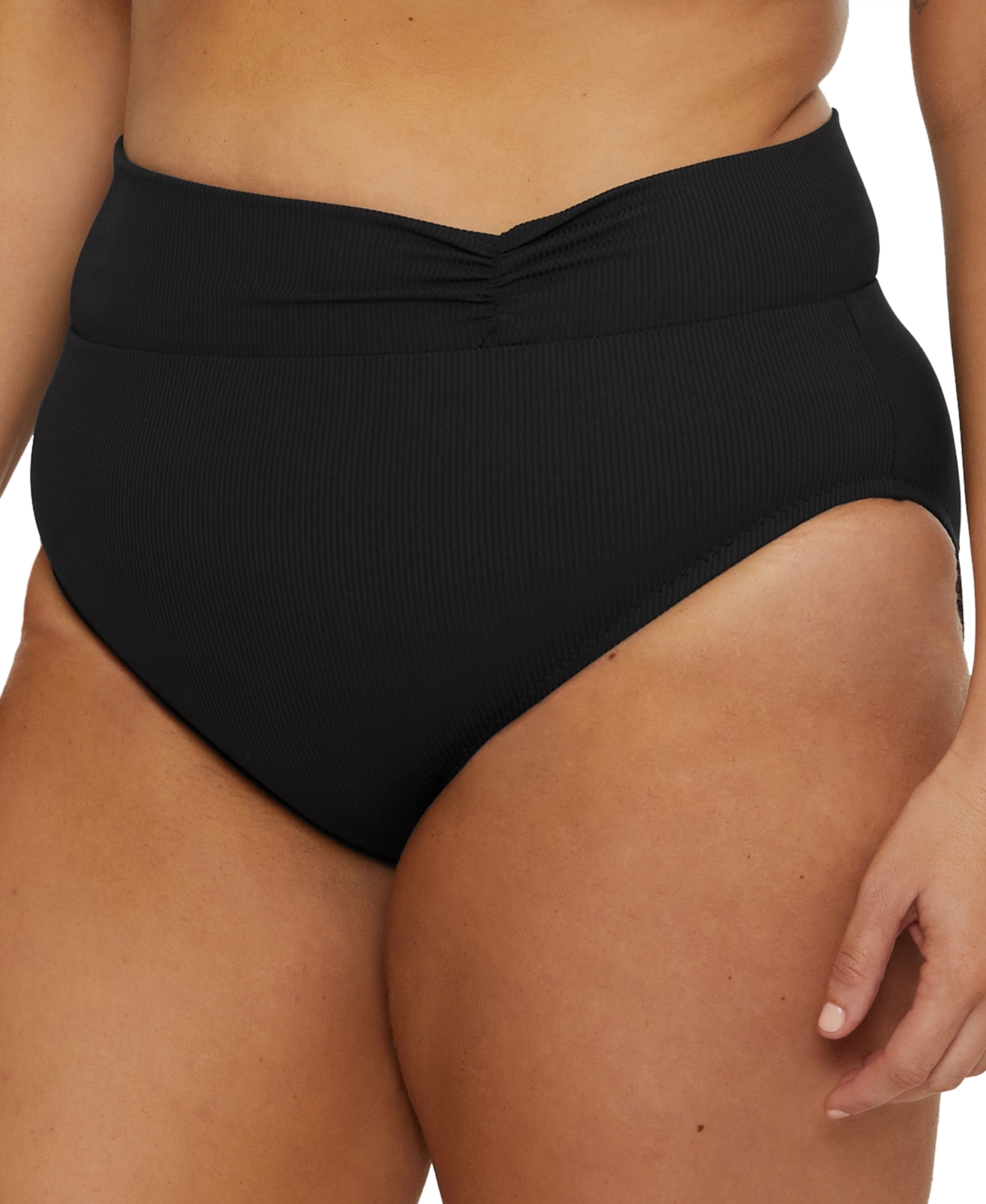 Becca Etc Plus Size Modern Edge Rib Shirred High-waist Bikini Bottoms In Black