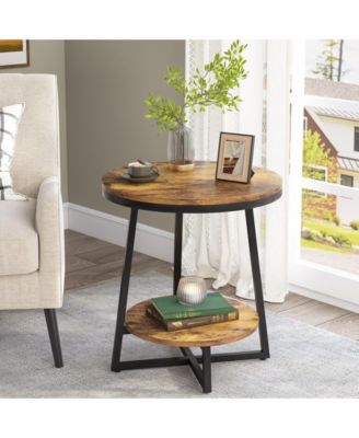 End Table, 2 Tier Round Side Table with Storage Shelf, Industrial Nightstand Bedside Table Coffee Accent Table for Living Room Bedroom Small Space