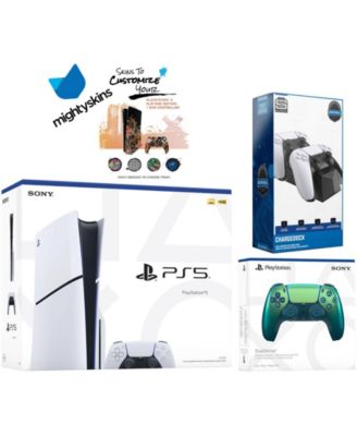 PlayStation 5 Slim Disc with Extra Cosmic Red Controller, Dual Charging Dock and MightySkins Decal Voucher