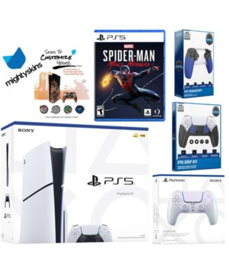 Playstation 5 Slim Disc Bundle with Spider-Man: Miles Morales, Extra Chroma Teal Controller, Trigger Stop Kit, FPS Grip Kit and MightySkins Decal