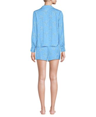 Women's Matte Satin 2 Piece Pajama Set - Long Sleeve Top and Shorts