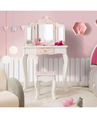 2-in-1 Kids Vanity Table Set with Tri-folding Mirror