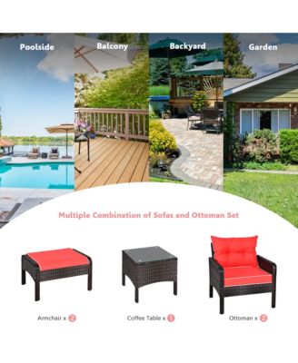 5PCS Patio Set Sectional Rattan Wicker Furniture Set w/ Red Cushion