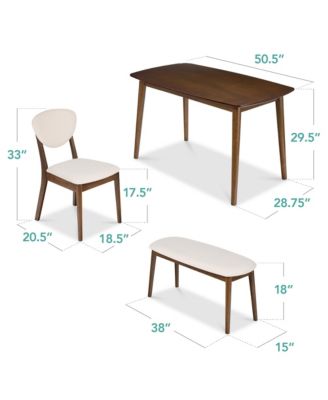 4-Piece Mid-Century Modern Upholstered Wooden Dining Set w/ 2 Chairs, Bench - Walnut/Cream