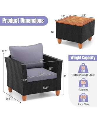 Set of 3 Rattan Furniture Set Patio Cushioned Sofa Storage Table w/ Wood Top