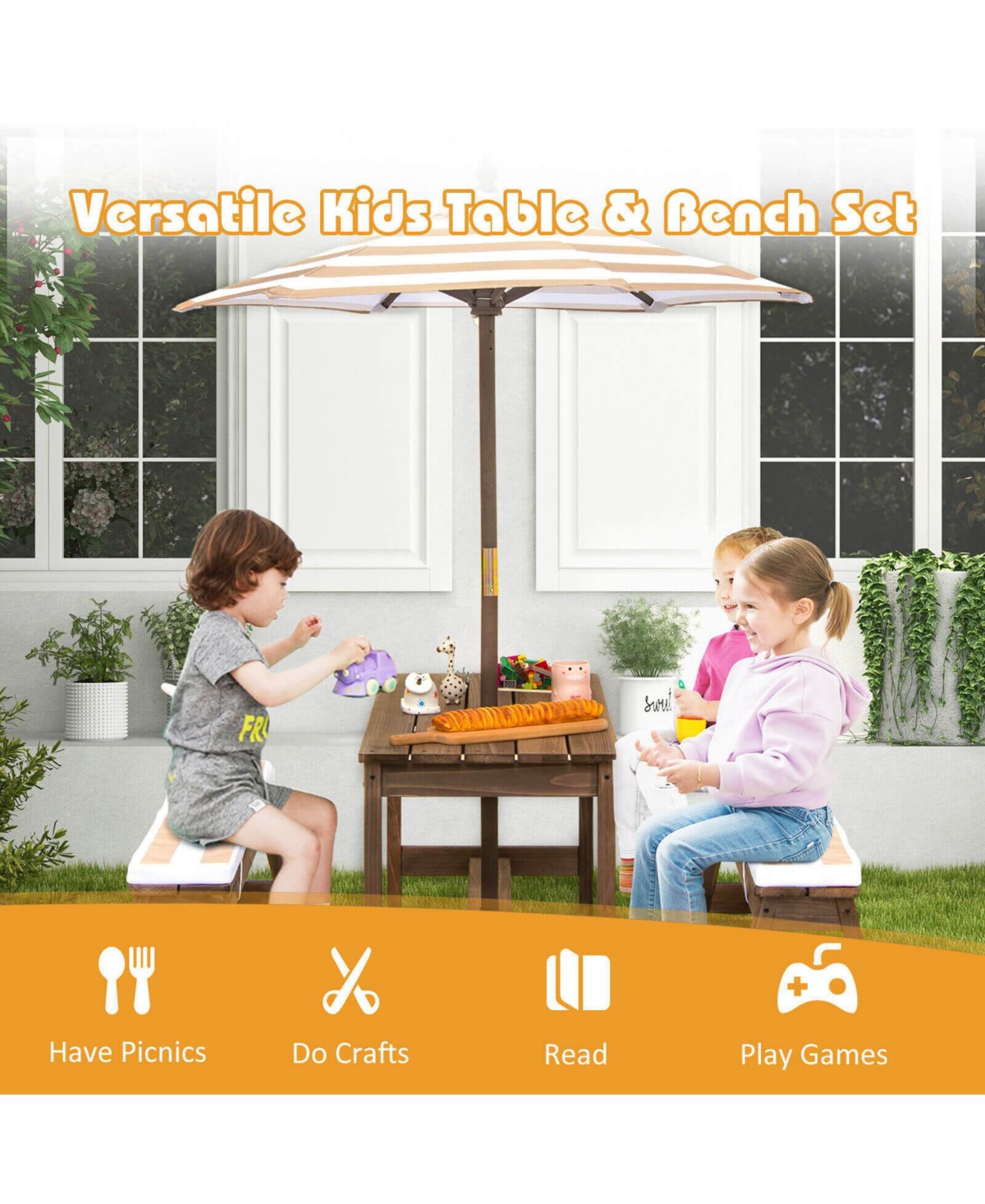 Kids Picnic Table and Bench Set with Cushions and Height Adjustable Umbrella