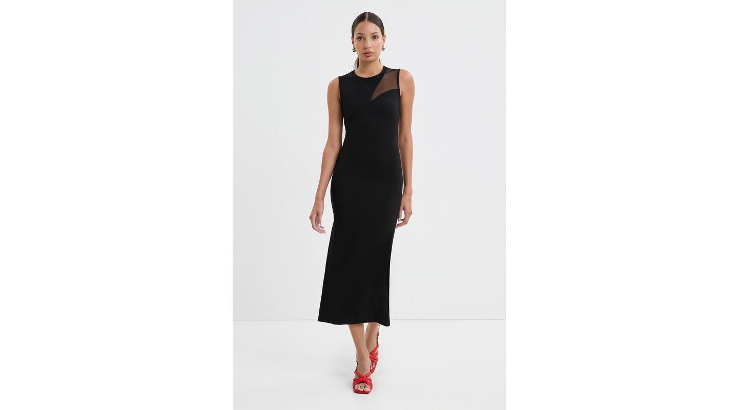 Женское платье Marcella Bryant Round-Neck Mesh-Shoulder Sleeveless Back-Slit Midi, цвет: Чёрный — фото 1