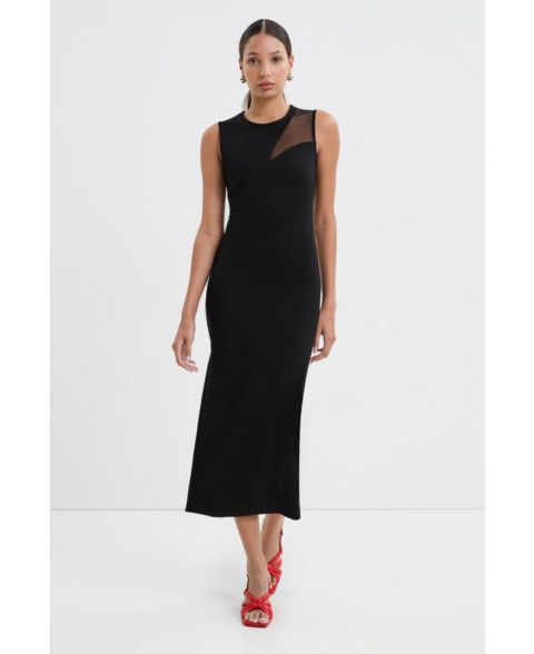 Женское платье Marcella Bryant Round-Neck Mesh-Shoulder Sleeveless Back-Slit Midi, цвет: Чёрный