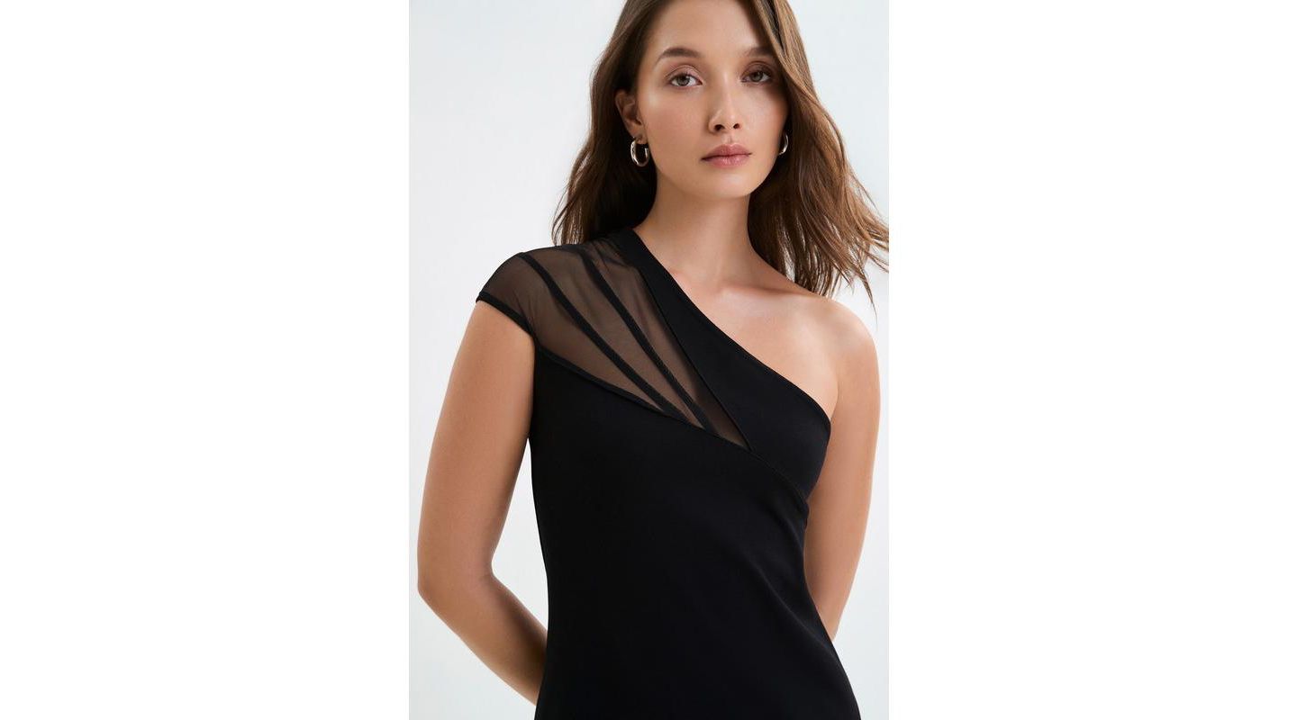 Женское платье Marcella Kiran Fitted One-Shoulder Mesh Asymmetric Midi, цвет: Чёрный — фото 4