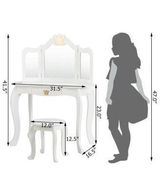 Kids Makeup Dressing Table with Tri-folding Mirror and Stool