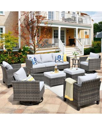 8 Piece Outdoor Wicker Patio Set with High Back Sofa, 360degree(s) Swivel Rocking Chairs & Ottoman for Porch Pool
