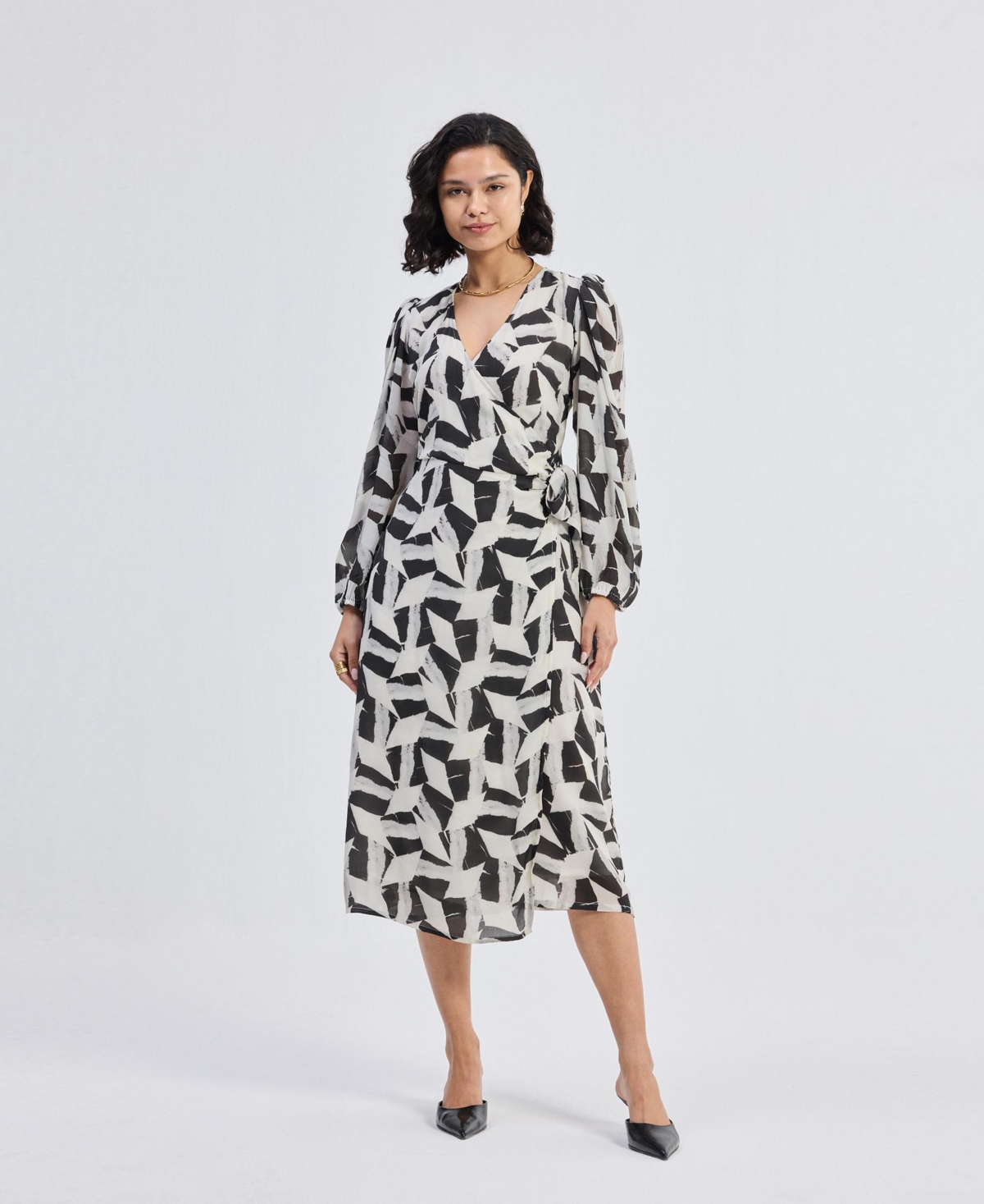 Women's Midi Wrap Dress in Abstract Mosaic - White