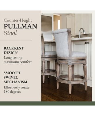Pullman Counter Stool in Reclaimed Oak Finish with Ash Grey Fabric Upholstery, Set of 3