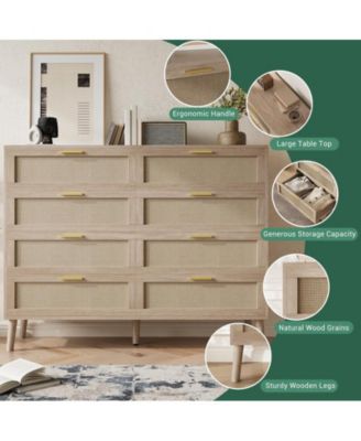 8 Drawer Rattan Dresser, 47.2" x 15.7" x 37" Rattan Chest of Dressers, Mid Century Modern Dresser for Closet with Handles, Large Table Top, Dresser Bedroom, Living Room, Hallway, Entryway