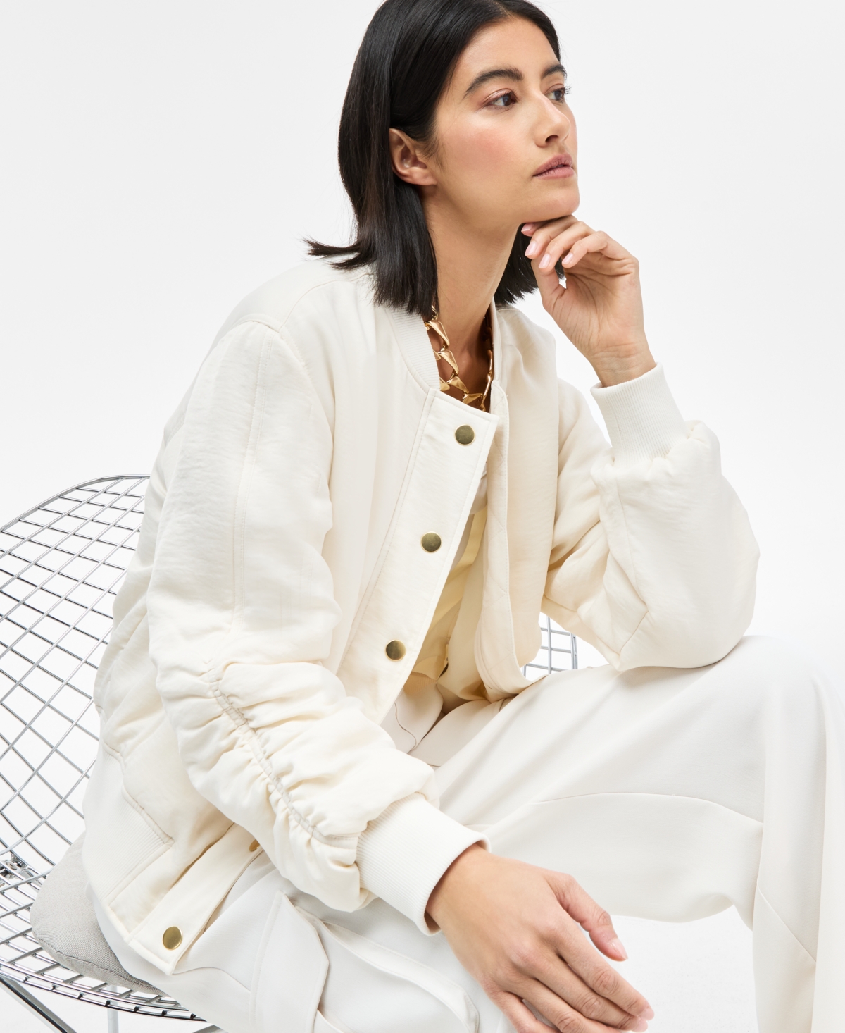 Inc International Concepts Women's Satin Ruched-sleeve Bomber Jacket, Exclusively At Macy's In Vintage Cream