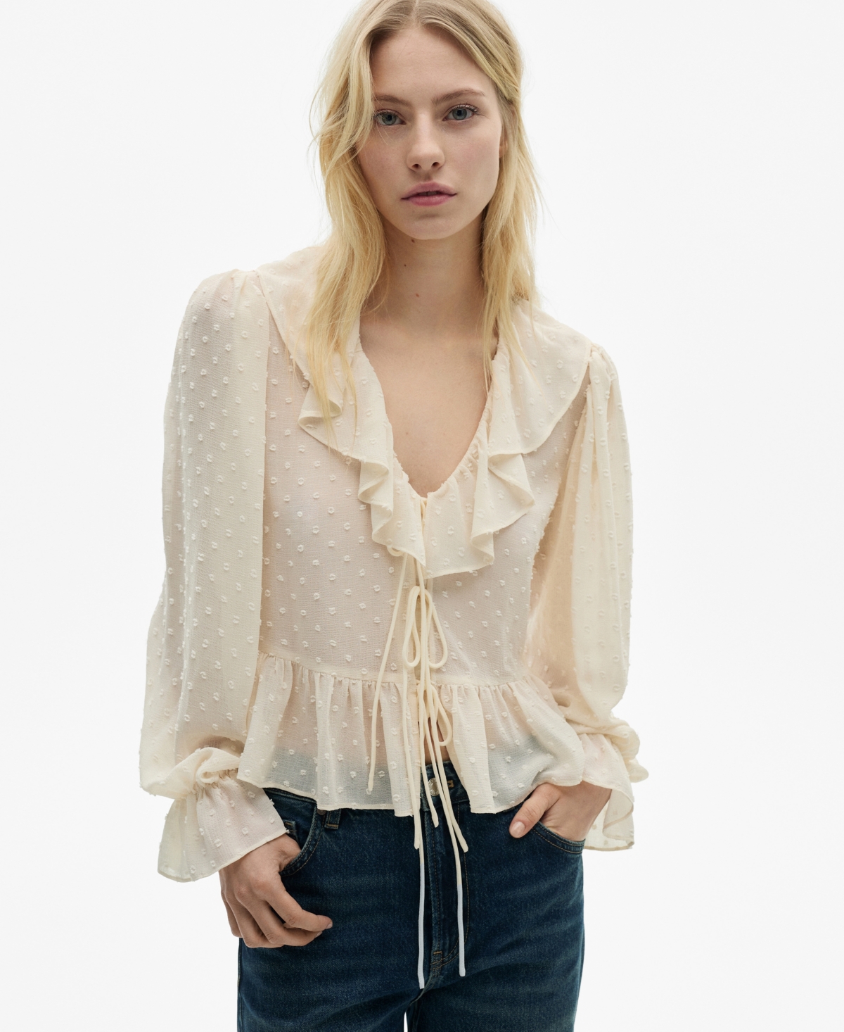 Mango Ruffled Blouse Ecru In Ecru