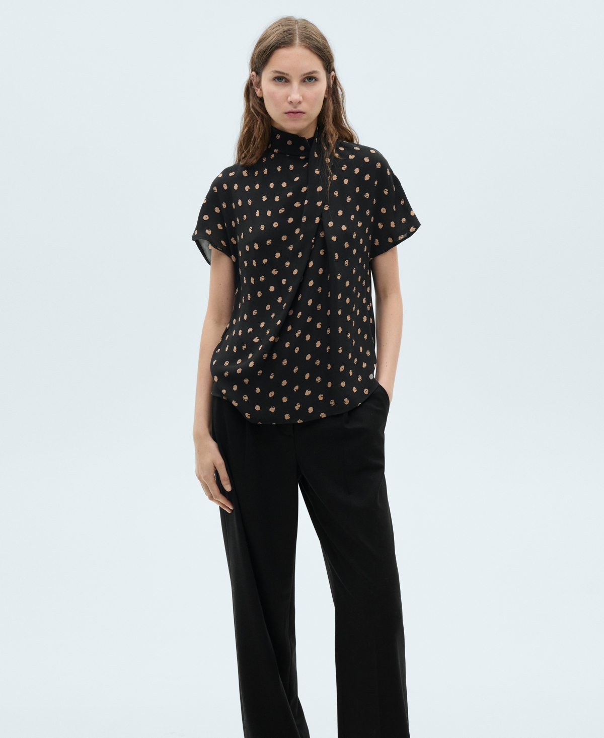 Mango Drape Neck Polka Dot Top In Black