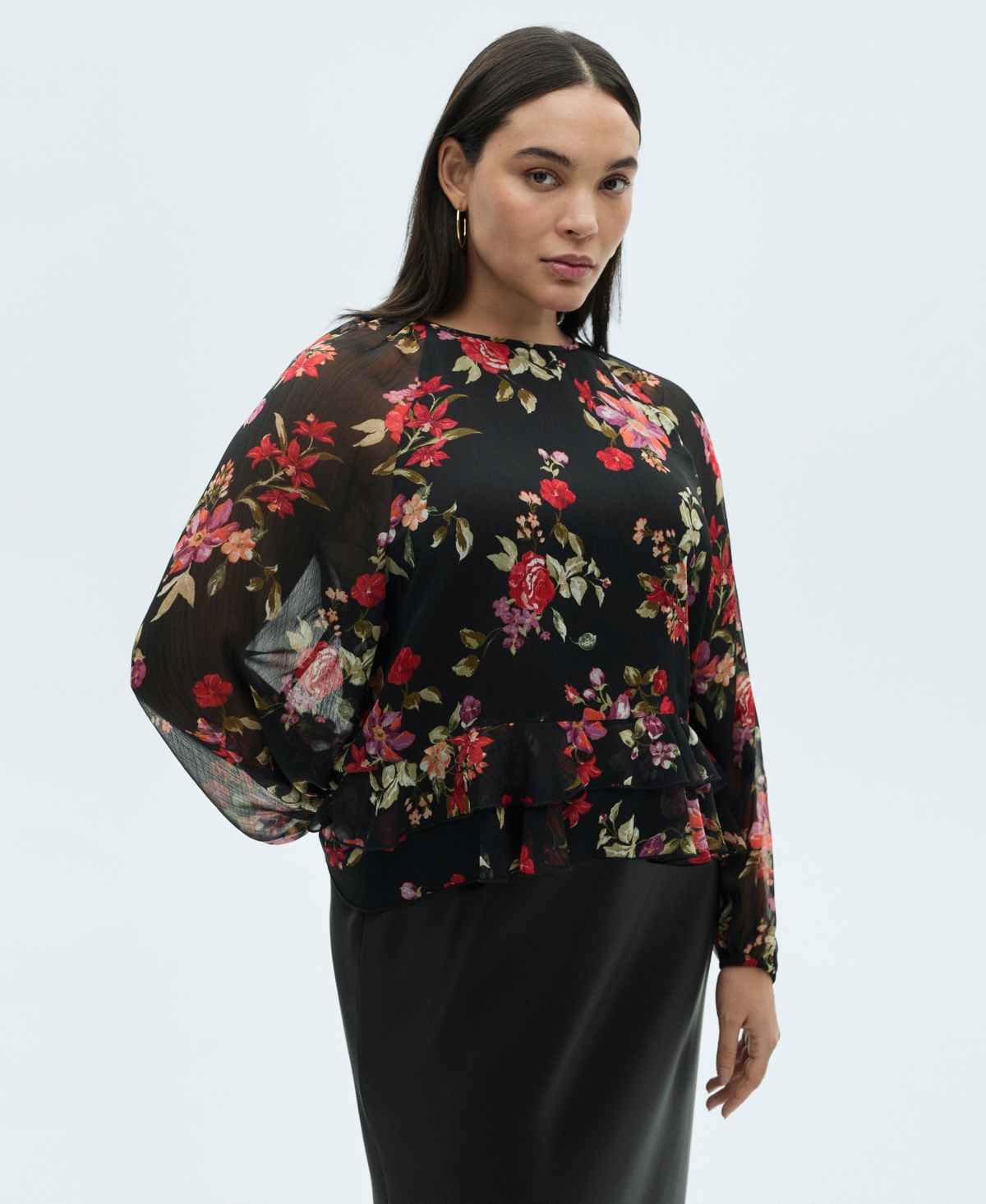 Mango Floral Ruffled Blouse Black In Black