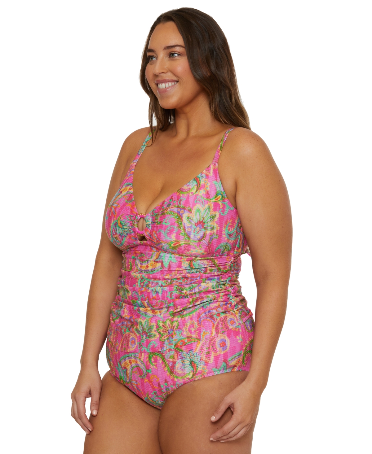 BECCA ETC PLUS SIZE POLYNESIA PRINTED RING TANKINI TOP 