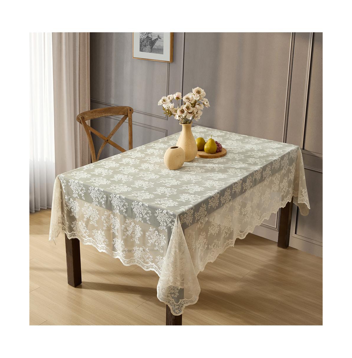 Jolene Floral Lace Fabric Tablecloth, Lace Fabric Table Cloth for Small Rectangle Tables, Wrinkle Resistant Tablecloth, Patterned Scalloped Tab
