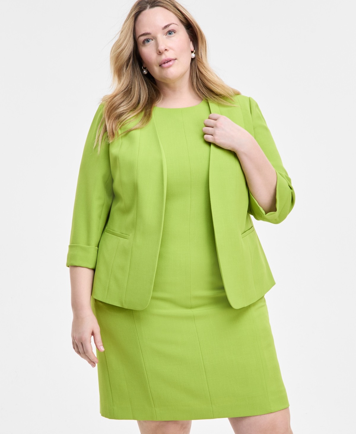 Kasper Plus Size Cuffed Open-front Multi-seam Blazer In Kiwi