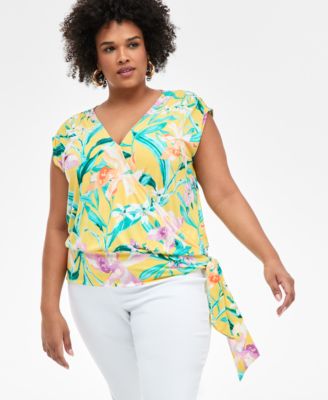 I.N.C. International Concepts - Plus Size Printed Side-Tie Cap-Sleeve Surplice Top