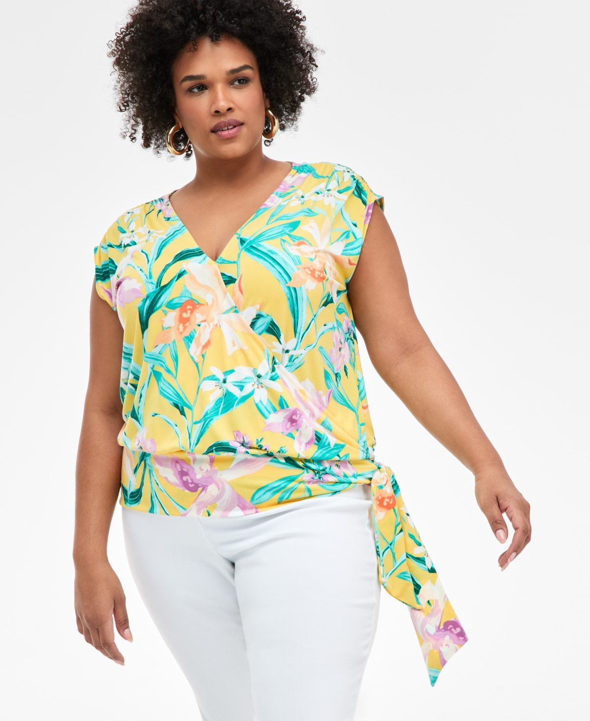 Plus Size Printed Side-Tie Cap-Sleeve Surplice Top, Exclusively at Macy's - Gia Geo Pink