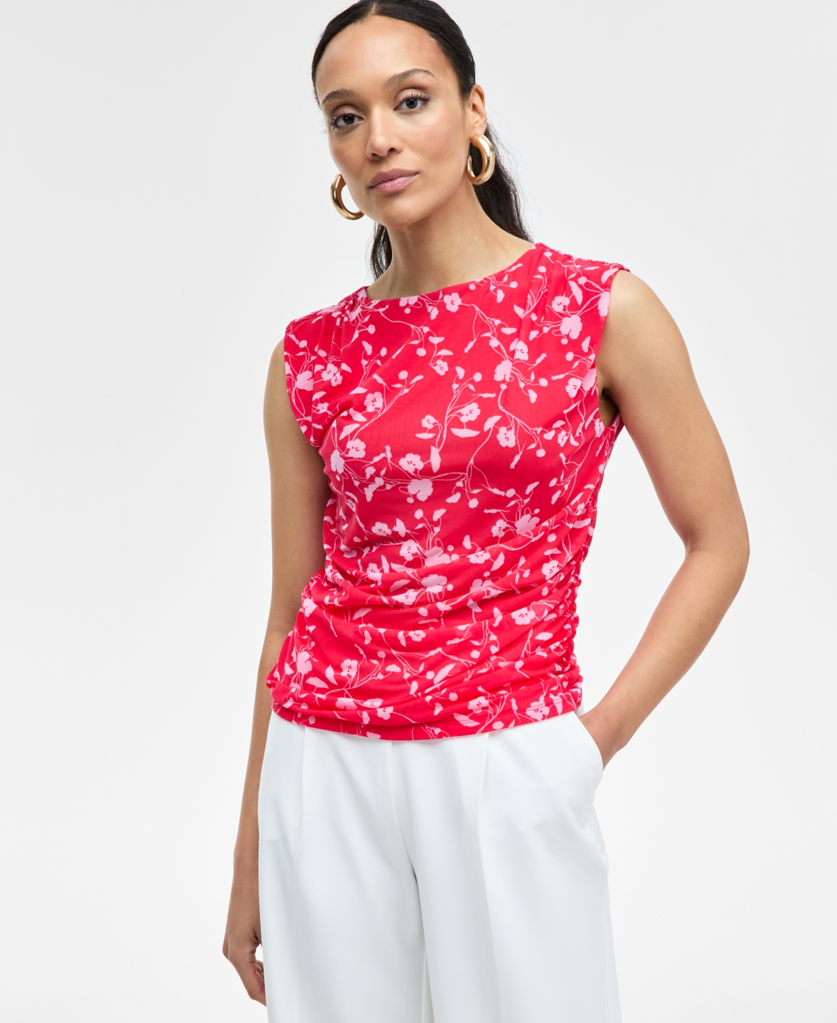 Inc International Concepts Women's Printed Ruched Mesh Top, Exclusively At Macy's