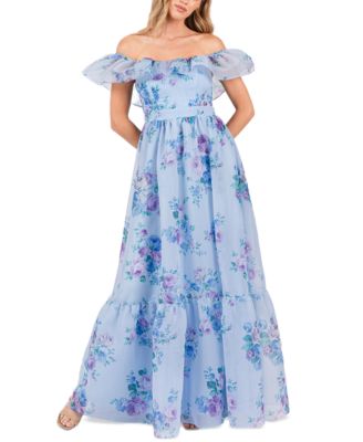 B Darlin - Juniors' Floral Off-The-Shoulder Ruffle Gown