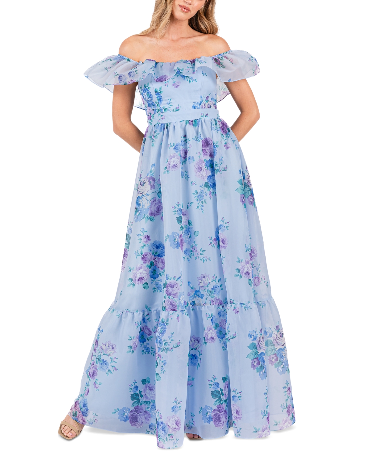 Juniors' Floral Off-The-Shoulder Ruffle Gown - Blue/purple