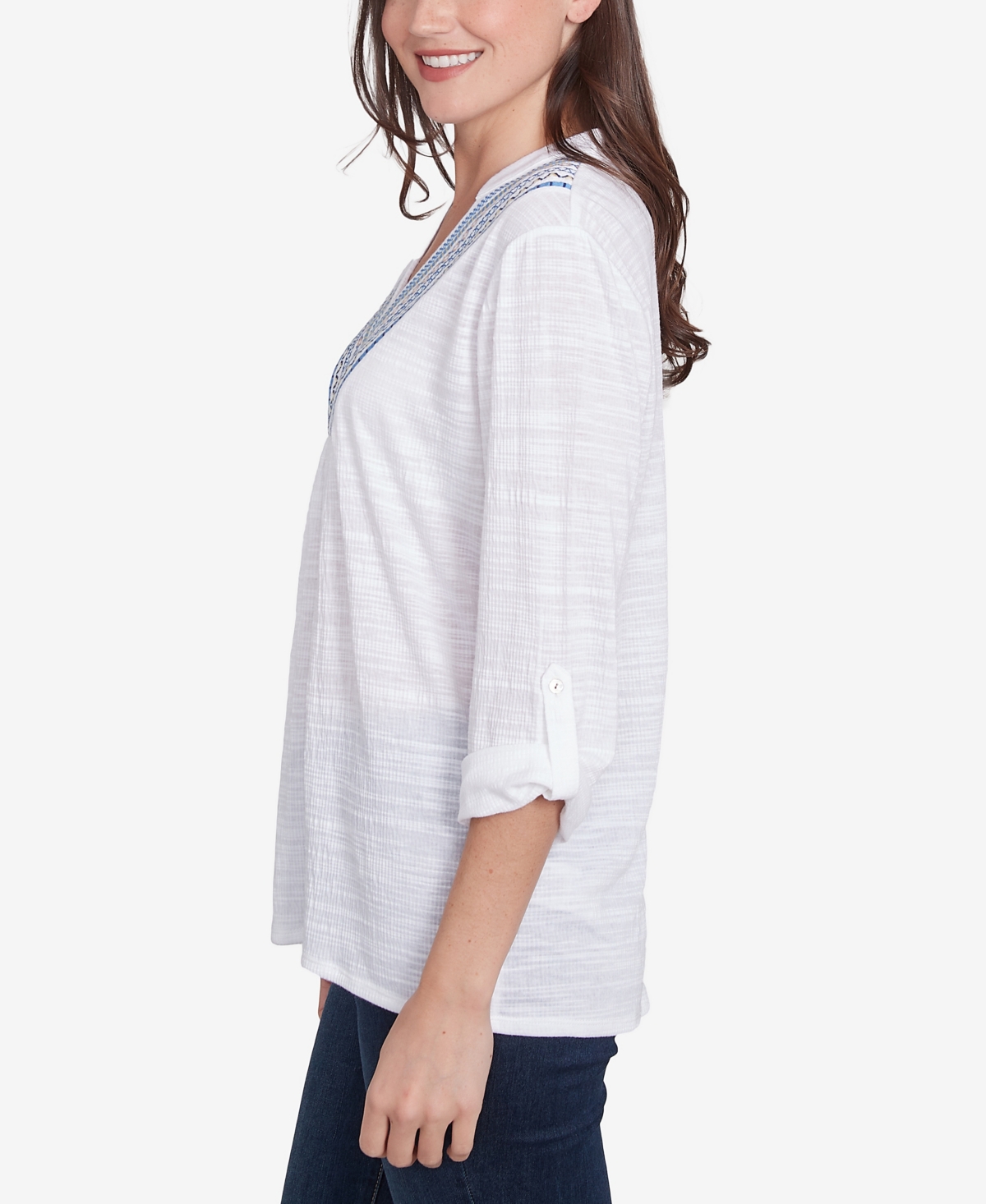 Ruby Rd. Petite Soft Relaxed Textured Trim V-neck Top In White