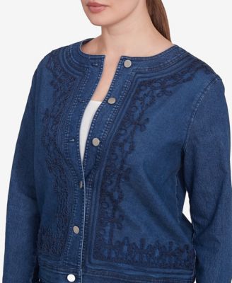 Petite Dark Stretch Denim Embroidered Jacket