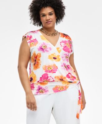 I.N.C. International Concepts - Plus Size Printed Side-Tie Cap-Sleeve Surplice Top