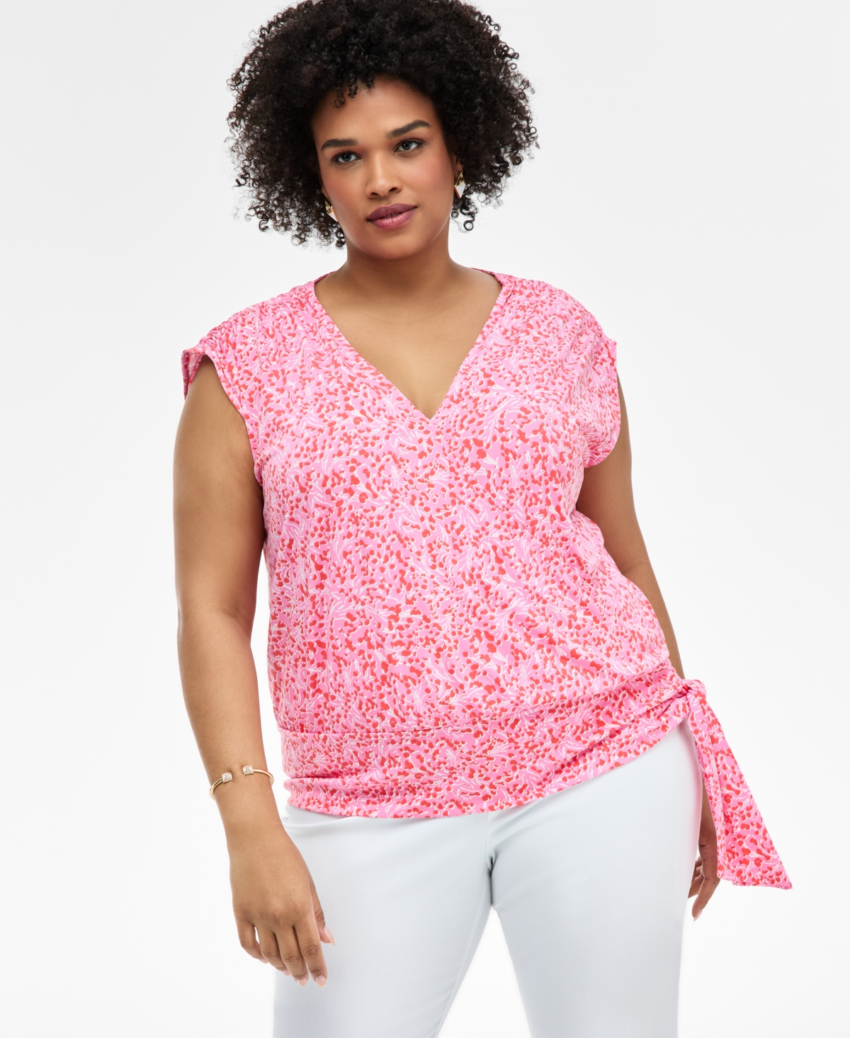 Inc International Concepts Plus Size Printed Side-tie Cap-sleeve Surplice Top, Exclusively At Macy's
